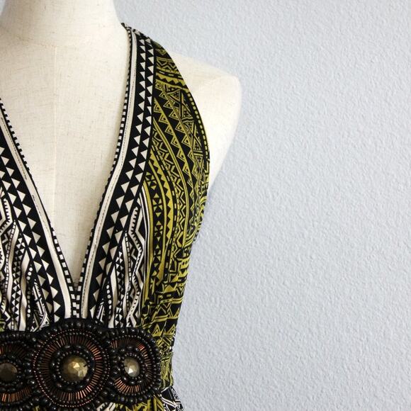 ECI GEOMETRIC DESIGN MAXI DRESS V NECK BEADED SIZE 8 YELLOW PINK ORANGE & BLACK - Picture 9 of 11